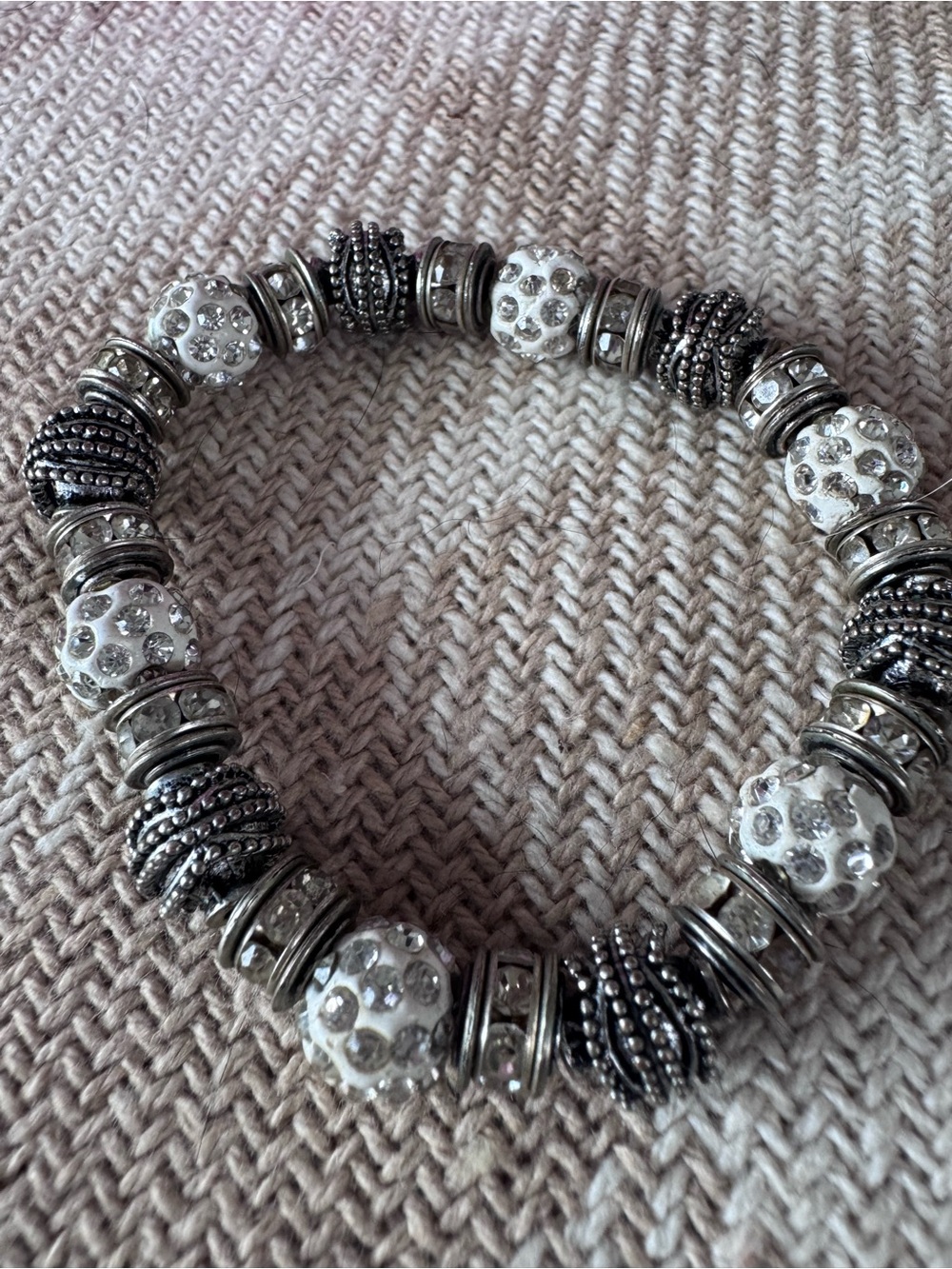 Rhinestone Bead Stretch Bracelet -Silver & White /silver/white crystal beads